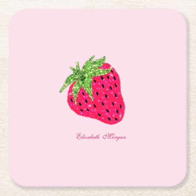 Cool Glitter Strawberry  Square Paper Coaster (Front)