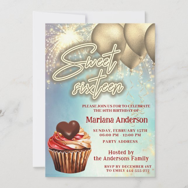 Cool gold balloon  sparkle firework cupcake invitation (Front)