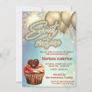 Cool gold balloon sparkle firework cupcake invitation