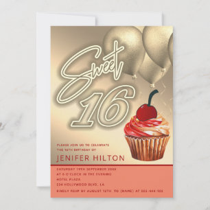 Cool gold balloon whimsy cupcake neon sweet 16 invitation