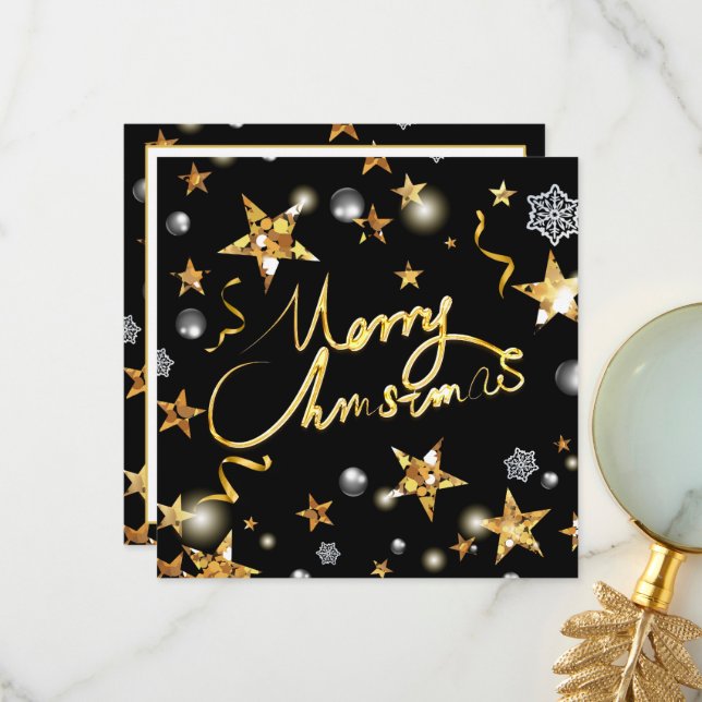 Cool Gold Black Stars Metallic Fashion Merry Xmas  Thank You Card (Front/Back In Situ)