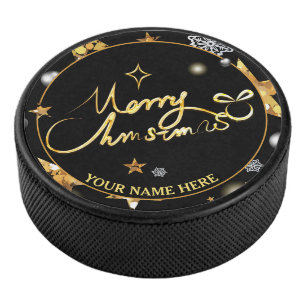 Cool Gold & Black Stars Metallic Fashion Xmas Hockey Puck
