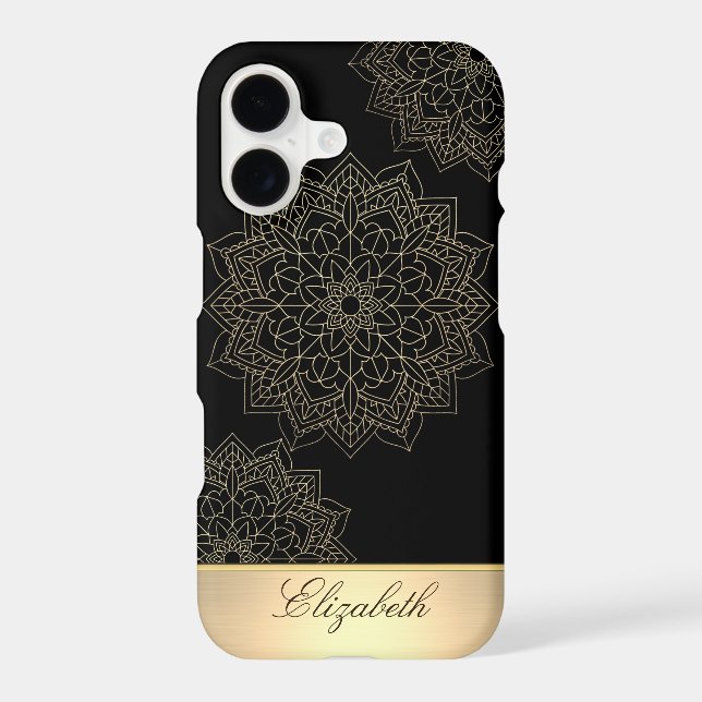 Cool Gold Floral Mandala, Black -Personalized (Back)