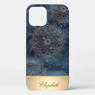 Cool Gold Floral Mandala, Navy Blue iPhone 12 Case