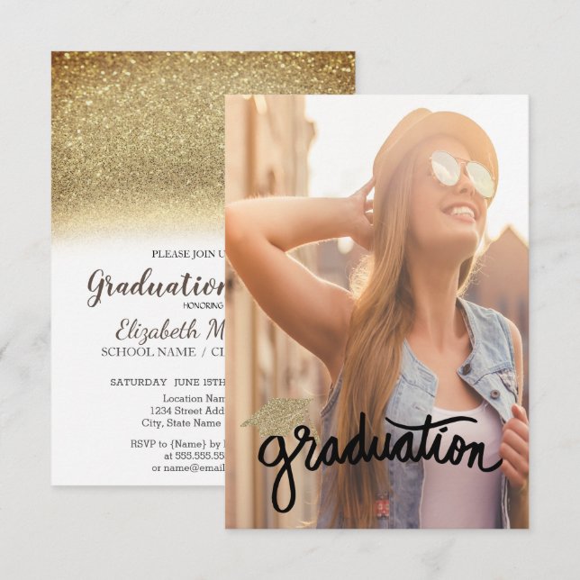 Cool Gold Glitter Cap,Photo Graduation Invitation (Front/Back)