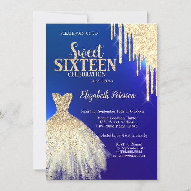 Cool Gold Glitter Drips,Dress Blue Sweet 16  Invitation (Front)