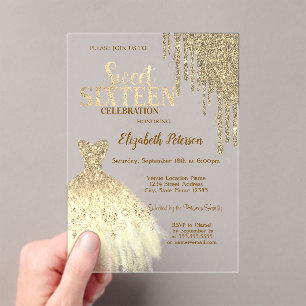 Cool Gold Glitter Drips,Dress Green Sweet 16 Acrylic Invitations
