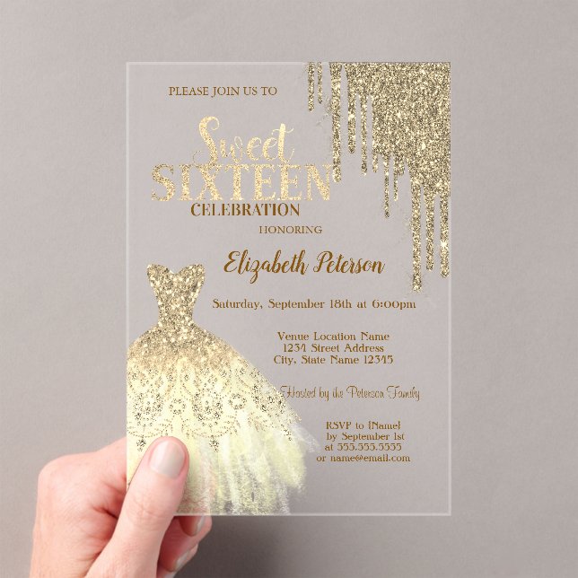Cool Gold Glitter Drips,Dress Green Sweet 16 Acrylic Invitations (Insitu (Handheld))