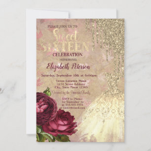 Cool Gold Glitter Drips,Dress Roses Sweet 16   Invitation