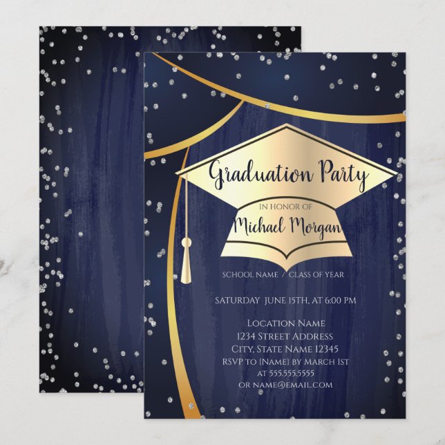 Cool Gold Graduation Cap,Diamonds Graduation Invitation (Front/Back)