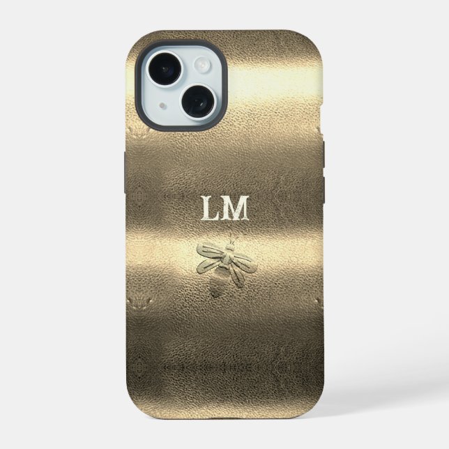 Cool Gold Look Bee Monogram Initials iPhone 15 Case (Back)