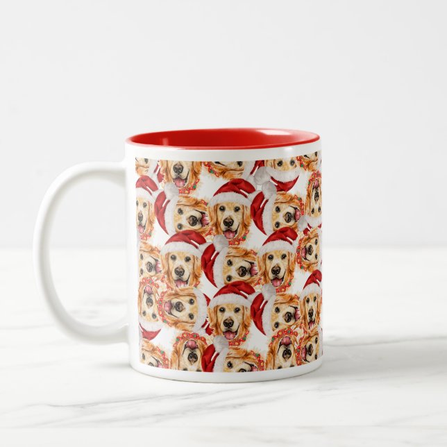 Cool Golden Retriever Christmas Pattern Two-Tone Coffee Mug (Left)