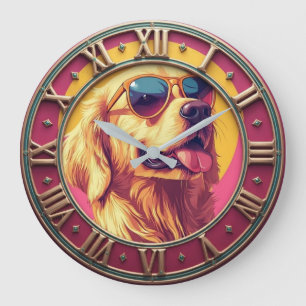 Cool Golden Retriever Sunglasses Retro Pop Art Large Clock