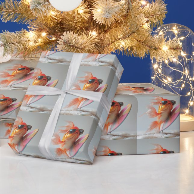 Cool Goldfish Surfing on a Wave Wrapping Paper (Holidays)