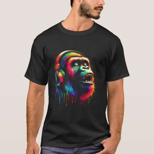 Cool Gorilla Headphone Music Art Christmas Birthda T-Shirt (Front)