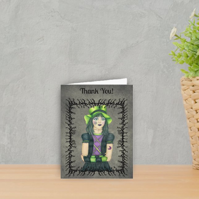 Cool Goth Girl Green Hat Tattoos Black Barbs Grey Thank You Card (Pretty Goth girl tattoos green hat in black barbed branch frame on grey Thank You cards.)