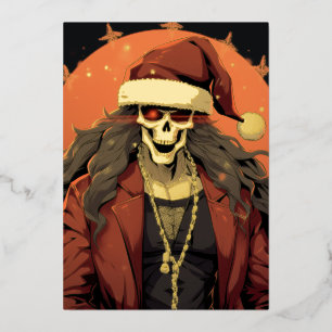 Cool Goth Punk Skull Anime Santa Demon Foil Holiday Card