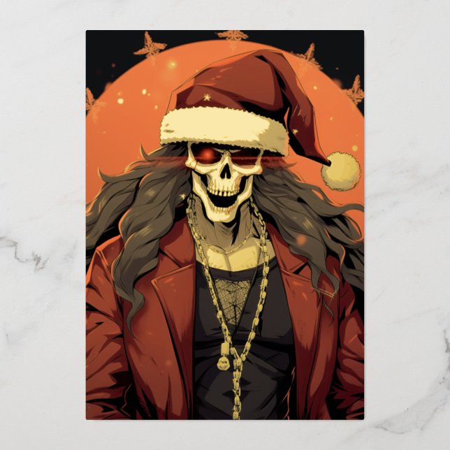 Cool Goth Punk Skull Anime Santa Demon Foil Holiday Card (Front)