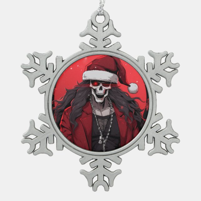 Cool Goth Punk Skull Anime Santa Demon Snowflake Pewter Christmas Ornament (Front)