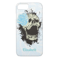 Cool gothic skull and aqua blue rose