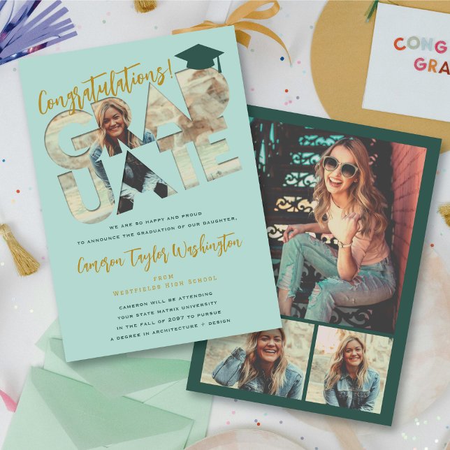 Cool Graduate Cutout Photo Modern Graduation Party Invitation (Cool Mint Green Congratulations Graduate Cutout Photo Modern Graduation Card @ fatfatin)