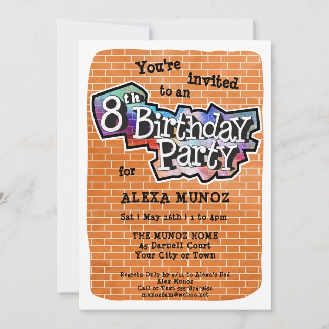 Cool Graffiti Art 8th Birthday Party Invitation (Front)