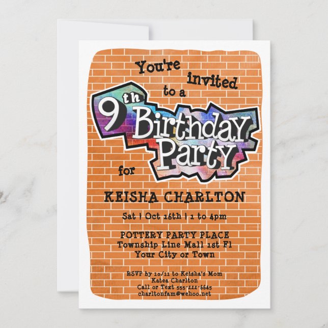 Cool Graffiti Art 9th Birthday Party Invitation (Front)