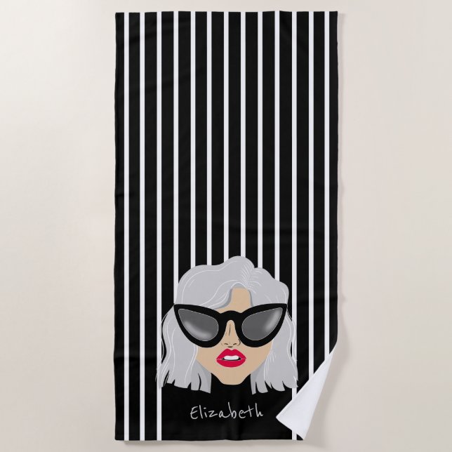 Cool Grandma Woman with Glasses Custom Name Beach Towel (Front)