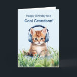 Cool Grandson Birthday Cat with Headphones Card<br><div class="desc">Delight your grandson with this vibrant birthday card featuring a whimsical watercolor illustration of a cat chilling in the grass, sporting trendy headphones. The front warmly wishes a "Happy Birthday to a Cool Grandson, " while the inside conveys that you’ve been hearing wonderful things about him. This artistic card perfectly...</div>