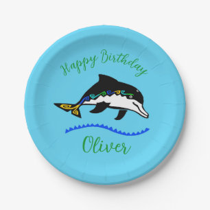 Cool graphic - DOLPHIN - Happy Birthday- Blue  Paper Plate