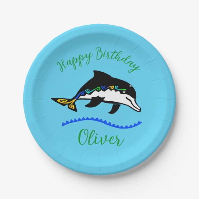 Cool graphic - DOLPHIN - Happy Birthday- Blue  Paper Plate (Front)
