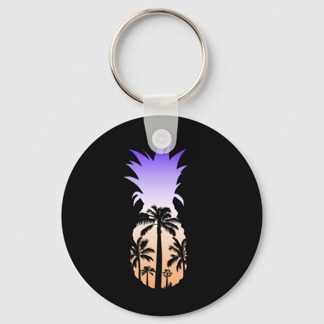 Cool Graphic Pineapple Sunset Palm Tree Beach Key Ring (Front)