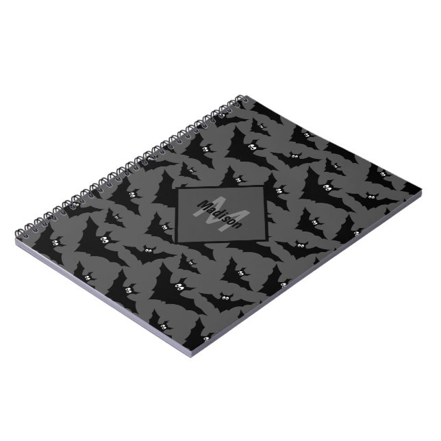 Cool gray black bats Halloween pattern Monogram Notebook (Left Side)