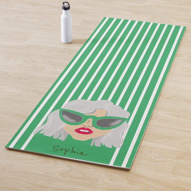 Cool Gray Hair Woman with Glasses Custom Name Yoga Mat (In Situ)