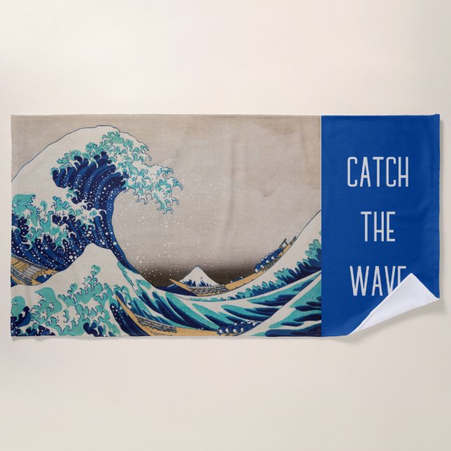 Cool Great Wave Hokusai "Catch the Wave" Beach Towel (Front)
