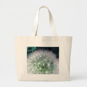 Cool green and white dandelion with waterdrops large tote bag