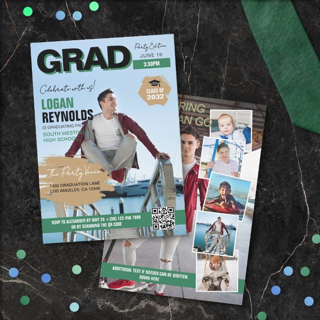 Cool Green Black Photos Magazine Cover Graduation Invitation (Creator Uploaded)