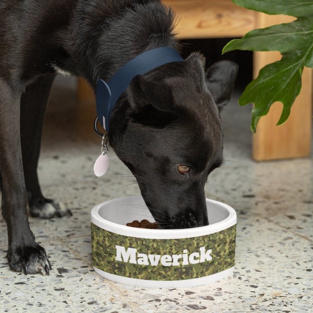 Cool Green Camo Pet Food Dish Personalised Name  (Camo Pet Food Dish Personalized with Cat or Dog's Name )