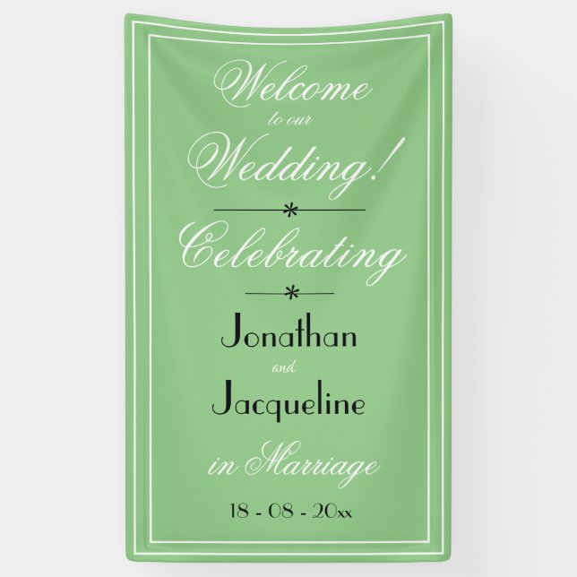 Cool Green Chic WhiteBlack Script Wedding Welcome Banner (Vertical)