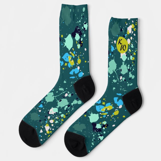 Cool Green Colourful  Paint Splatter Initials Socks (Left)