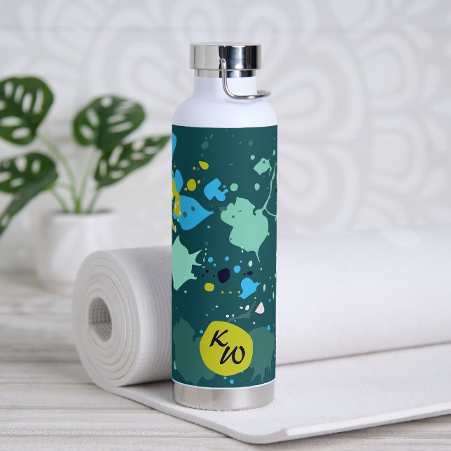 Cool Green Colourful  Paint Splatter Initials Water Bottle (Yoga)