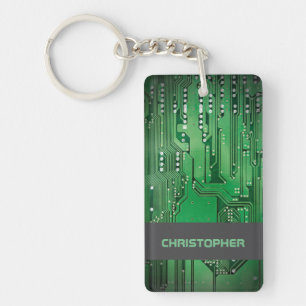 Cool Green Computer Circuit Board Monogram Key Ring