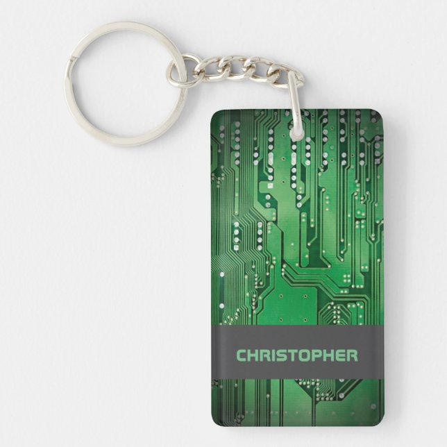 Cool Green Computer Circuit Board Monogram Key Ring (Front)