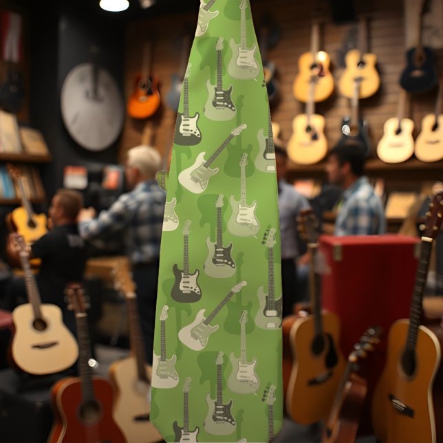 Cool green guitars for stylish musician, music fan tie (All-green guitar pattern neck tie for the musician, teacher, or musical instrument salesman.)