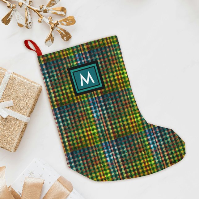 Cool Green Tartan Gingham Pattern Black Monogram Small Christmas Stocking (Creator Uploaded)