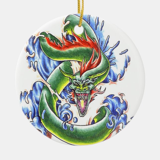 Cool Green Water Dragon  tattoo style ornament (Front)