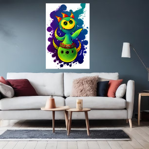 Cool green yellow alien creature   AI Art Poster