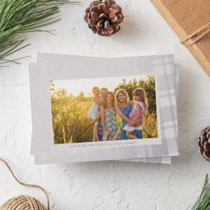 Cool Grey and Silver Simple Plaid Frame Foil Holiday Card