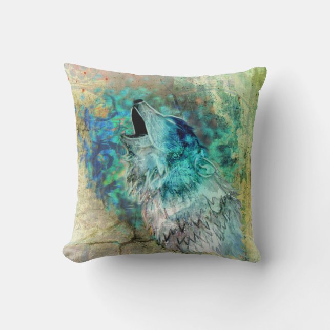Cool Grey and Turquoise Howling Wolf Art Cushion (Front)