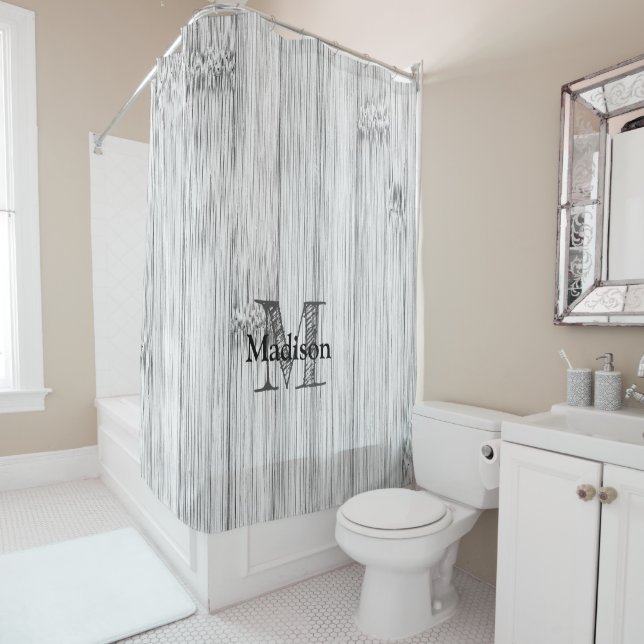 Cool grey bamboo wood print Monogram Shower Curtain (In Situ)